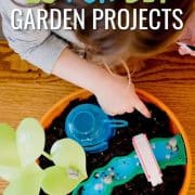 Child engaging in a gardening craft project with colorful tools and decorations.