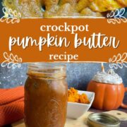 Crockpot pumpkin butter recipe on a wooden cutting board.