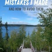a pinterest image of a wooden staircase leading down a hill towards a lakes edge, text overlay "off grid living mistakes I made and how to avoid them"
