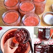 Canning process of homemade strawberry jam shown step by step, from filling jars to the final sealed product.
