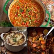 square collage of three dutch oven soup recipes