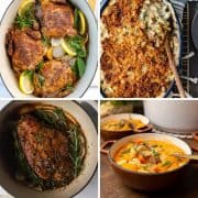 square collage of Thanksgiving recipes prepared in a Dutch oven