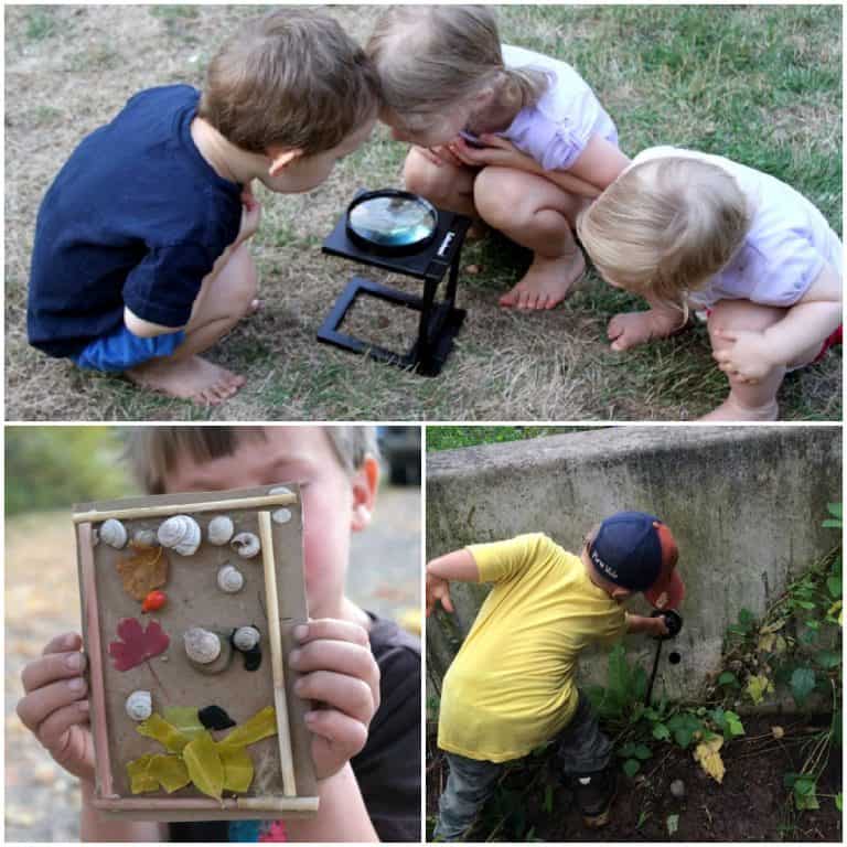 collage of 3 images - kids with magnifying glass, boy with nature frame, boy geocaching