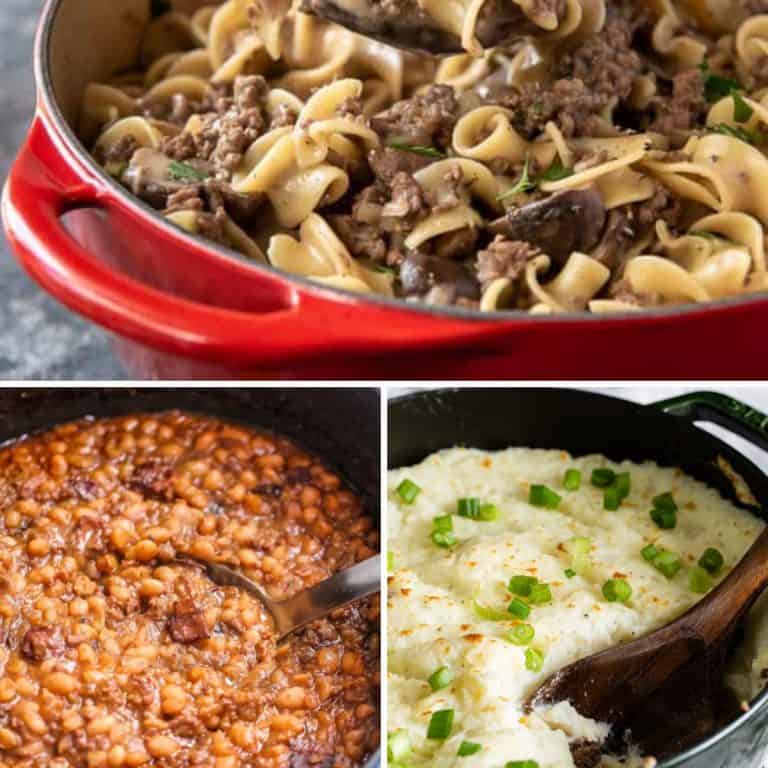 A compilation of ground beef casseroles cooked in a dutch oven.