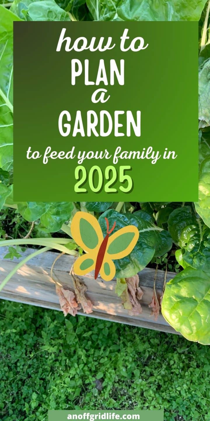 Image with text: "how to PLAN a GARDEN to feed your family in 2025" and a website URL at the bottom. Features green leafy plants and a decorative butterfly.