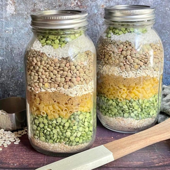 Two mason jars filled with ingredients for mason jar soup.