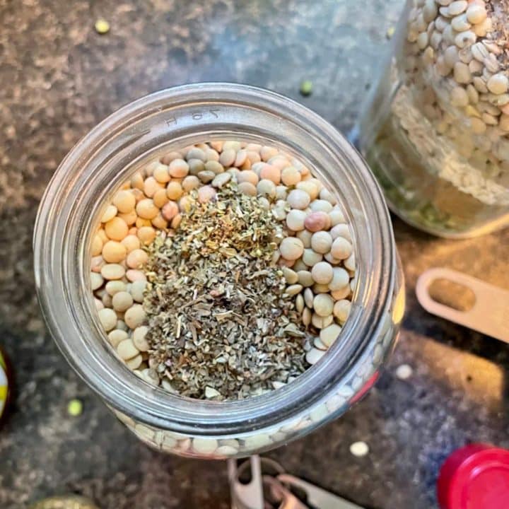 A jar of mason jar soup mix on a counter.