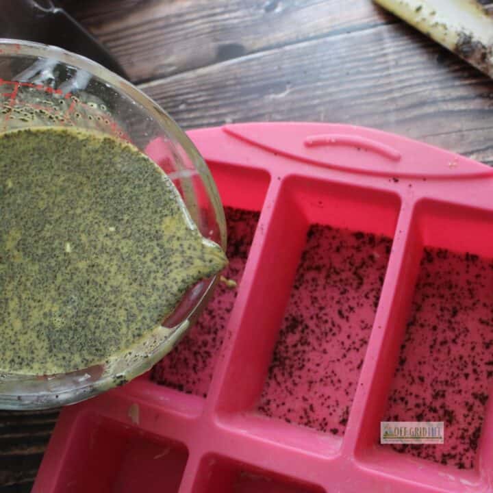 Pouring cold melt and pour goats milk gardeners soap.