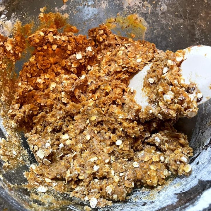 A bowl full of granola and oats in a mixing bowl.